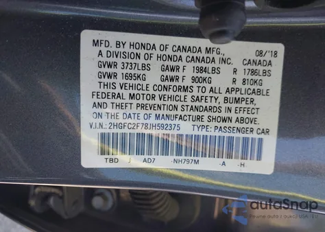 2018 Honda Civic Ex from USA, damaged, VIN 2HGFC2F78JH592375
